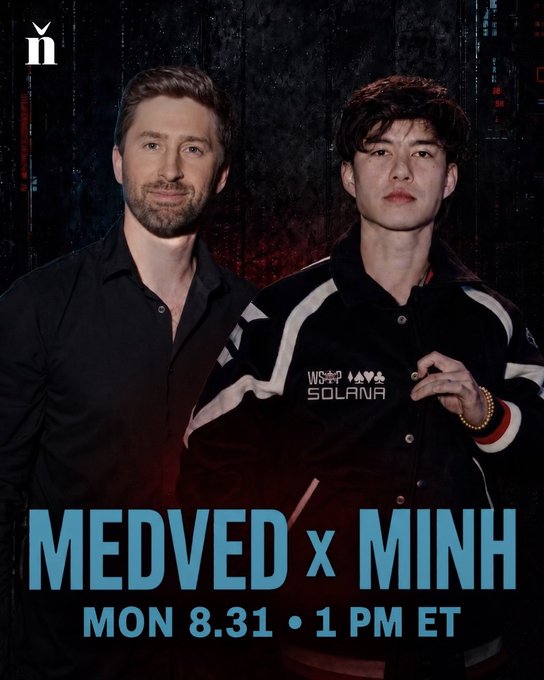 A promotional graphic featuring two men posed together, with the text "MEDVED x MINH" and "MON 8.31 • 1 PM ET" announcing an upcoming livestream featuring guest @MINHxDYNASTY, who the post highlights for his impressive $1K to $500K trading journey with $CYBERLEEK.