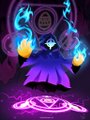 A digital illustration of a hooded figure in a purple cloak holding glowing blue and orange flames against a dark background with a purple magic circle below.