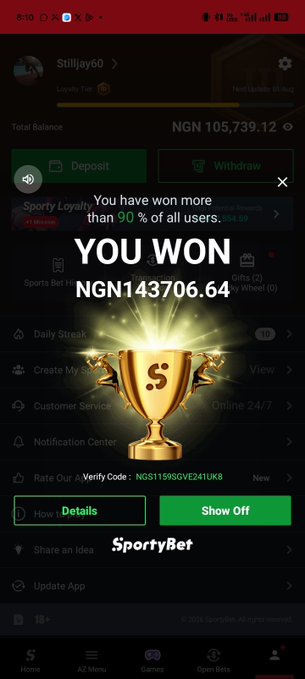The image shows a win of NGN143706.64 on SportyBet, demonstrating significant earnings that align with the post's "stimmy" and "surge pump" themes.