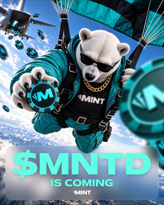 Promotional image featuring an anthropomorphic bear in sunglasses and parachute gear holding a coin, with text announcing '$MNTD IS COMING' alongside the MINT logo.