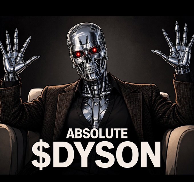 A digital illustration of a chrome robotic skull with glowing red eyes wearing a brown blazer, with the text "ABSOLUTE $DYSON" displayed prominently below.