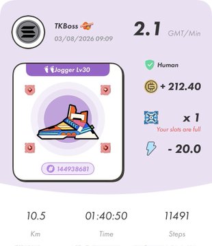 A fitness app screenshot shows a jogger profile named "TKBoss" from 03/08/2026, displaying a 2.1 GMT/Min pace, 10.5 Km distance, 01:40:50 time, and 11491 steps.