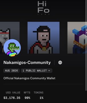 A screenshot of a 'Hi Fo' interface displaying the 'Nakamigos-Community' wallet page. It shows pixel art avatars at the top, the label 'Official Nakamigos Community Wallet', 'AUG 2026 1 PUBLIC WALLET', and a USD value of '$3,176.35' with NFTS at 99% and TOKENS at 1%.
