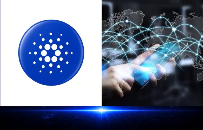 A composite image featuring the blue Cardano (ADA) cryptocurrency logo on the left and a hand interacting with a glowing digital world map network on the right.