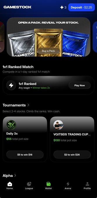 A mobile app interface for "GAMESTOCK" showing options to open packs, play "1v1 Ranked" matches, and enter tournaments like "Daily 3x" and "VOJTSEIS TRADING CUP".