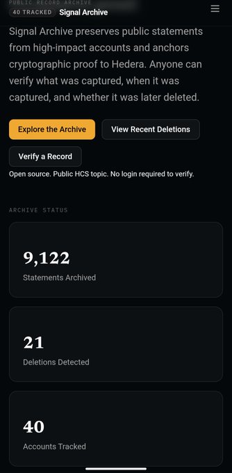 A mobile interface for 'Signal Archive' shows 9,122 Statements Archived, 21 Deletions Detected, and 40 Accounts Tracked on Hedera.
