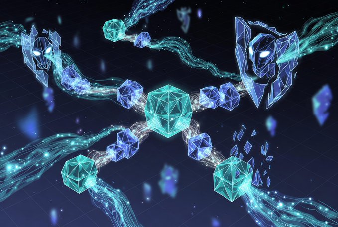 The image features an abstract scene with blue geometric shapes, including cubes and diamonds, floating in space against a dark background. There are also lines of code scattered throughout the image, which could be interpreted as a representation of the complex network that powers the cryptocurrency world. The post highlights two companies, Nomisma Network and Arc Terminal, who play crucial roles in the DeFi ecosystem by handling AI infrastructure and data processing respectively.