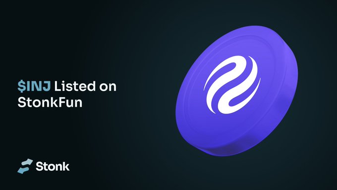 A purple coin with a white logo is displayed next to text reading "$INJ Listed on StonkFun," with the "Stonk" branding shown below. The image promotes the new listing of Injective's native token ($INJ) on StonkFun, aligning with the announcement about launching coins paired with $INJ.