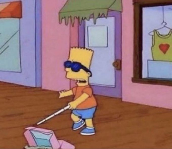Bart Simpson, wearing sunglasses, uses a metal detector to scan the ground while walking down a street, humorously mirroring the post's theme of searching for worthwhile projects (treasure) to find among the noise.