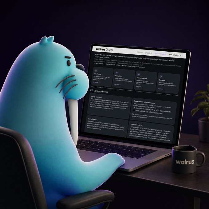 A 3D-rendered blue walrus wearing glasses sits at a desk reading "walrus Docs" on a laptop, with a "walrus" branded mug beside it. The image illustrates the post's point about Walrus's documentation being thoughtful enough to direct users elsewhere for simple in-memory needs while guiding them toward the platform for persistent, verifiable state management.