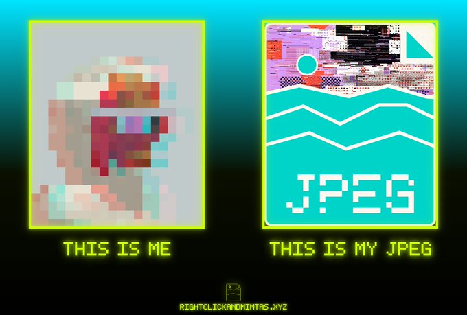 A pixel-art style graphic contrasts a low-resolution portrait labeled 'THIS IS ME' with a glitchy, colorful image labeled 'THIS IS MY JPEG', humorously illustrating image compression, with 'RIGHTCLICKANDINTAS.XYZ' at the bottom.