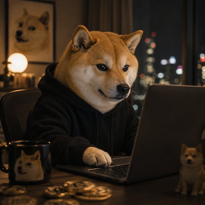 An AI-generated image of a Shiba Inu dog wearing a black hoodie, sitting at a desk using a laptop with a Dogecoin mug and dog figurine beside it, with a framed dog portrait and city lights in the background.