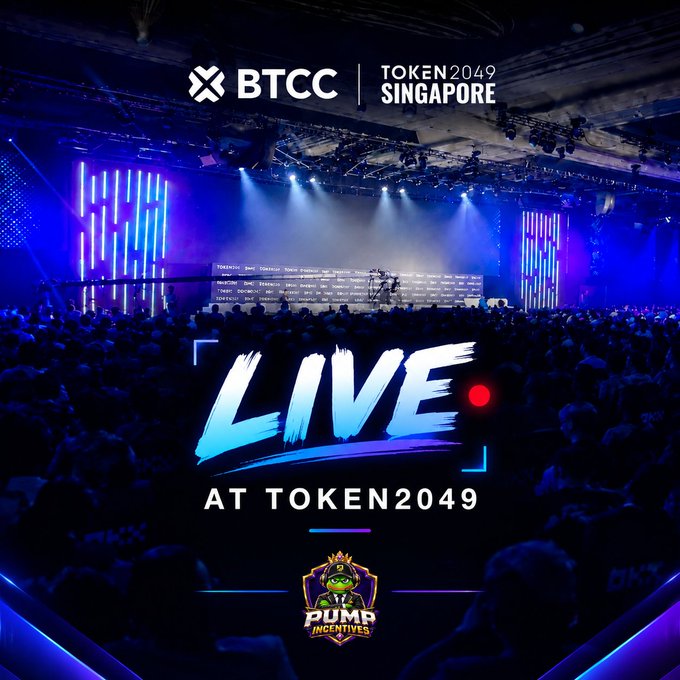 A promotional graphic for 'BTCC TOKEN2049 SINGAPORE' featuring a large conference audience, the text 'LIVE AT TOKEN2049', and the 'PUMP INCENTIVES' logo with a frog mascot.