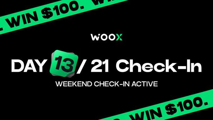 Woox exchange promotional graphic for 'DAY 13 / 21 Check-In' weekend check-in event with '$100' prize banners.