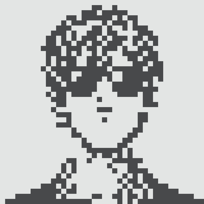A black and white pixel-art portrait of a man resembling Elon Musk with short hair and a collared shirt.