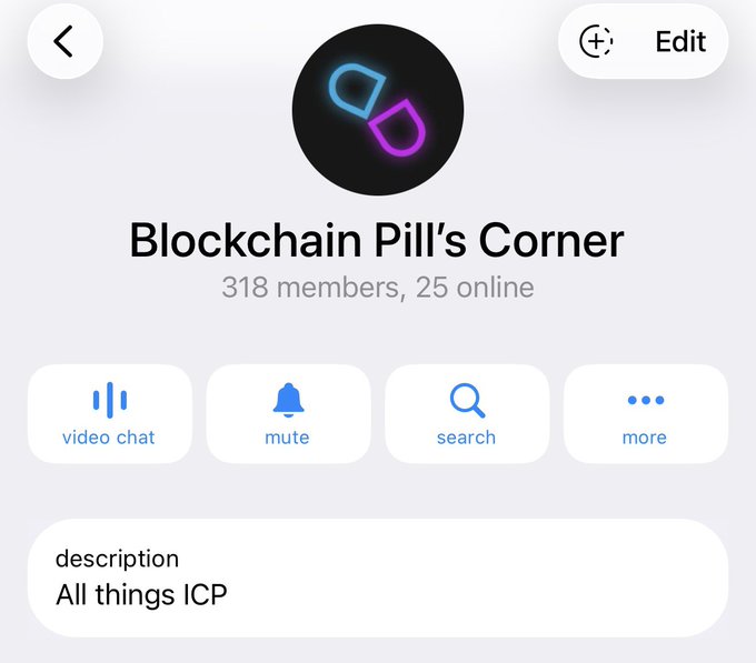 Telegram group chat info page for "Blockchain Pill's Corner" showing 318 members and 25 online, with the description "All things ICP." The image showcases the growing community hub for ICP discussions being promoted in the post.