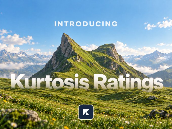 A promotional image announcing 'INTRODUCING Kurtosis Ratings' with a mountain landscape background and a 'K' logo at the bottom.