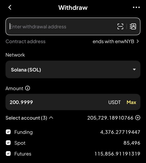 A cryptocurrency withdrawal screen on a mobile app shows a transfer of 200.9999 USDT via the Solana (SOL) network, with a total balance of 205,729.18910766 USDT split across Funding (4,376.27719447), Spot (85.496), and Futures (115,856.91191319) accounts. The image illustrates the type of interface used to send the $20 USDT airdrop mentioned in the post, which invites followers to share their Solana wallet addresses to receive the giveaway.