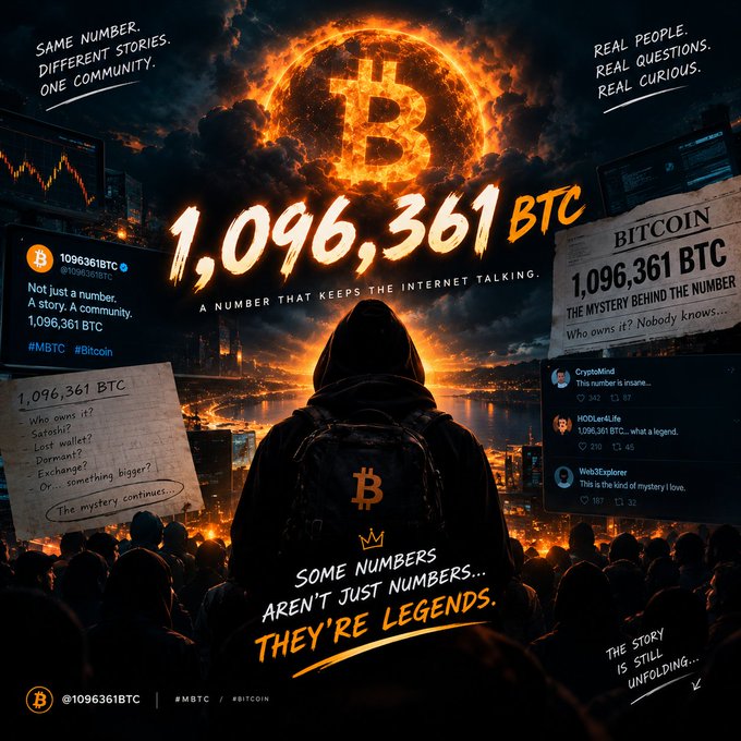 A promotional graphic for '@1096361BTC' featuring a fiery Bitcoin logo and text '1,096,361 BTC A NUMBER THAT KEEPS THE INTERNET TALKING. SOME NUMBERS AREN'T JUST NUMBERS... THEY'RE LEGENDS.'