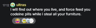 A blurry screenshot from a 17:12 stream on "BC Ultra" displays the threatening message: "I will find out where you live, and force feed you codeine pills while I steal all your furniture." The image serves as visual evidence of the alarming and aggressive content being broadcast live on Pump.fun.