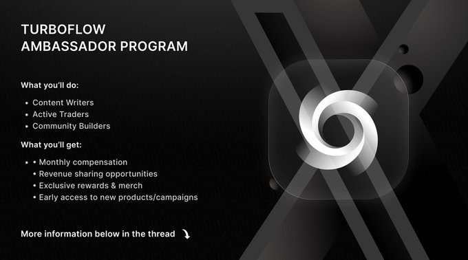Promotional graphic for the "TURBOFLOW AMBASSADOR PROGRAM," listing roles (Content Writers, Active Traders, Community Builders) and benefits (monthly compensation, revenue sharing, exclusive rewards, early product access), set against a dark background featuring a large circular TurboFlow logo with an arrow pointing to more details below.