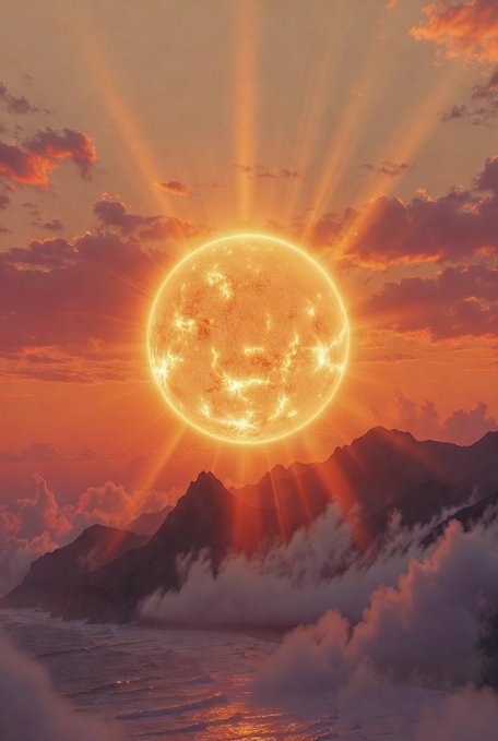 The image features a large sun with rays coming out of its center, surrounded by clouds and mountains. The sun appears to be shining brightly over the ocean, creating a beautiful scene that captures the essence of nature's beauty. The caption on the image reads "GM Family x Build. Learn. Progress. Repeat." This suggests that the photo might have been taken during an event or gathering related to the GM Family brand and their commitment to learning and progress.
