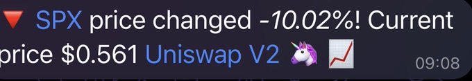 A price alert notification reads 'SPX price changed -10.02%! Current price $0.561 Uniswap V2' with a unicorn emoji.