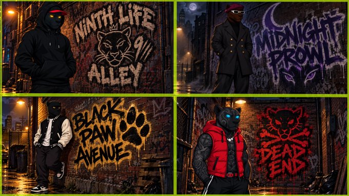 A four-panel collage depicts shadowy street figures in hooded attire alongside stylized graffiti: "NINTH LIFE ALLEY," "MIDNIGHT PROWL," "BLACK PAW AVENUE," and "DEAD END"—each block representing a distinct urban identity and path, visually echoing the caption's theme of choosing your hustle carefully to avoid getting caught slippin'.