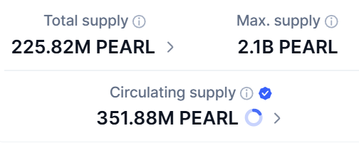 A crypto supply panel shows “Total supply 225.82M PEARL,” “Max. supply 2.1B PEARL,” and “Circulating supply 351.88M PEARL” with a refresh icon.