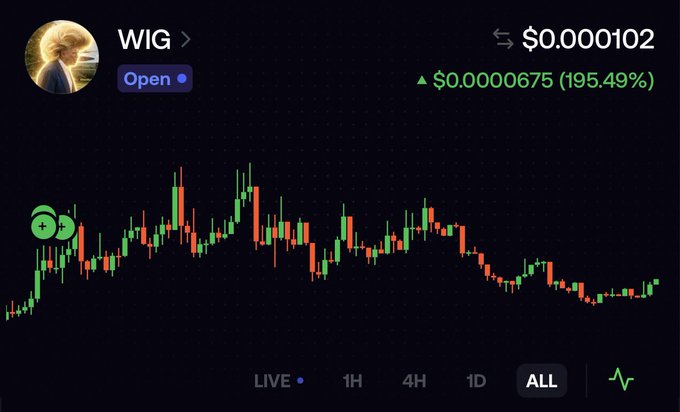 A cryptocurrency price chart for the token 'WIG' showing a current price of $0.000102, up 195.49%, with an image of a person with a blonde wig in the profile picture.