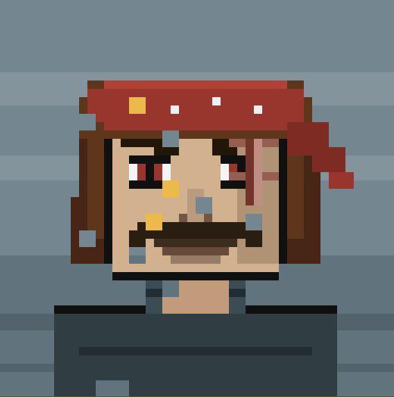 Pixel art portrait of a character with brown hair, a red bandana, and a beard, featuring red eyes and yellow facial marks against a striped blue background.