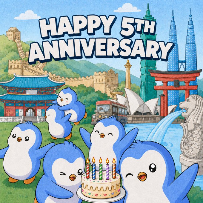 A colorful illustration shows cartoon penguins celebrating with a birthday cake, with text reading 'HAPPY 5TH ANNIVERSARY' above landmarks including the Great Wall, Merlion, Petronas Towers, Sydney Opera House, and a torii gate.