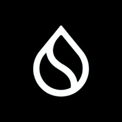 A simple white logo on a black background depicting a water drop or leaf shape with an internal curved design element.