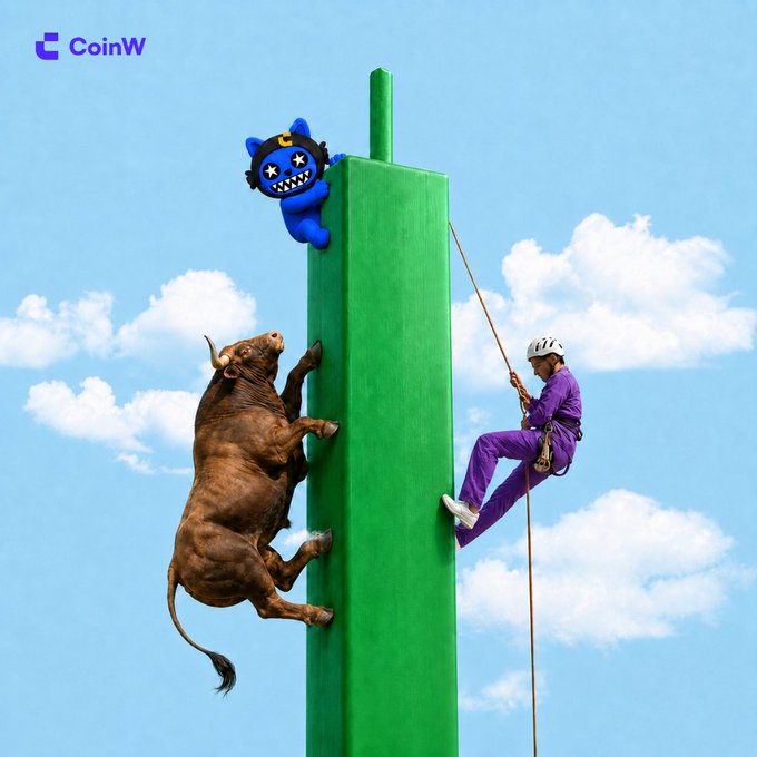 A surreal image showing a brown bull climbing a green pillar while a person in purple climbs a rope beside it and a small blue creature sits atop the pillar, with the 'CoinW' logo in the corner.