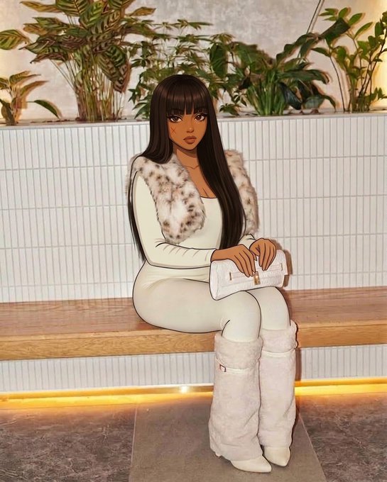 The image features a life-size cardboard cutout of a stylized, anime-like woman wearing a white dress with a fur collar and tall furry boots, seated on a wooden bench. She is positioned in front of a wall with vertical white tiles and indoor plants.