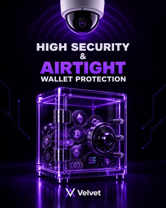 A promotional image for Velvet featuring a purple neon-lit transparent safe filled with various cryptocurrency coins, with a security camera above and the text 'HIGH SECURITY & AIRTIGHT WALLET PROTECTION'.