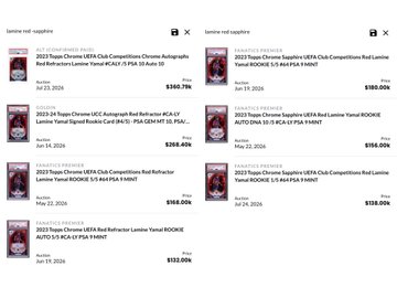 A screenshot of eBay listings for Topps Chrome UEFA Club Competitions Red Borussia Leipzig soccer trading cards, showing multiple sealed boxes for sale at varying prices around $166-$268.