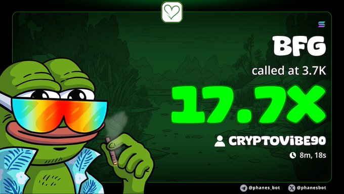 The image features a cartoon frog wearing sunglasses, holding a cigarette, and standing next to a banner that displays some text about a cryptocurrency called Bitcoin. The text includes numbers such as "17x up from my call on $Bfg Ca>> FgREDDjGKDEb2YG2RoqaYaWLrSR9g2zfFXQqG38apump #solana #memecoin #Degen". This suggests that the post is related to Bitcoin and possibly a cryptocurrency-related event or promotion.