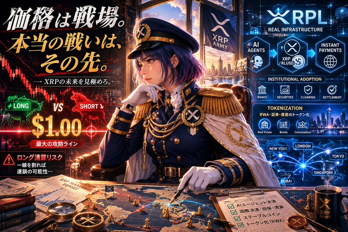 An anime character dressed in a navy military uniform sits at a desk covered in XRP charts and maps, with overlays displaying "$1.00" as a key support line and "RPL" (Real Infrastructure) icons highlighting AI agents, instant payments, and institutional adoption across global cities like New York, London, Tokyo, and Singapore. Japanese text reads "価格は戦場。本当の戦いは、その先。" (Price is the battlefield. The real battle lies ahead) and "XRPの未来を見極めろ" (Determine the future of XRP), visually reinforcing the post's message that XRP is at a critical crossroads with weakened sentiment but strengthening fundamentals through XRPL's expansion into AI and institutional payments.