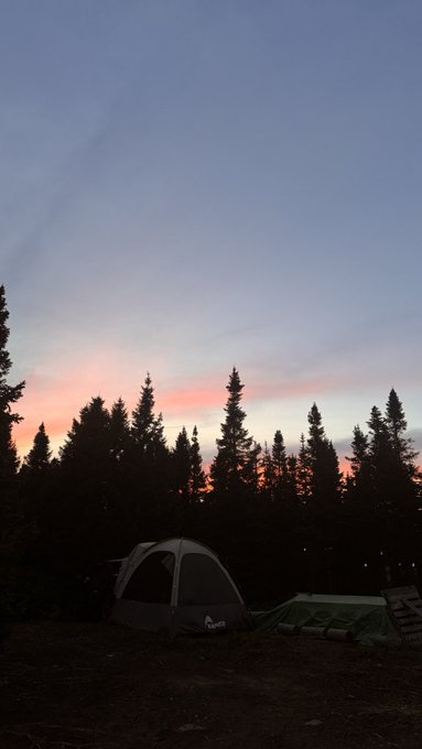 A serene sunset scene with pink and orange hues in the sky above a silhouetted tree line, with tents visible in the foreground at what appears to be a campsite.