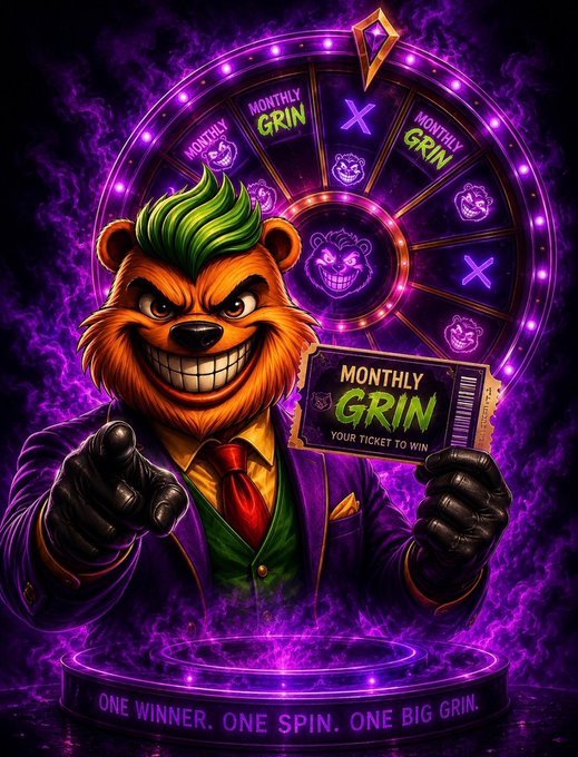 A menacing cartoon bear with green hair holds a "MONTHLY GRIN — YOUR TICKET TO WIN" lottery ticket in front of a purple spinning prize wheel, with the tagline "ONE WINNER. ONE SPIN. ONE BIG GRIN." displayed below. The illustration visually represents the JOKKA "Monthly Grin" giveaway mentioned in the post, advertising the chance to win 71,117 $JOKKA tokens.