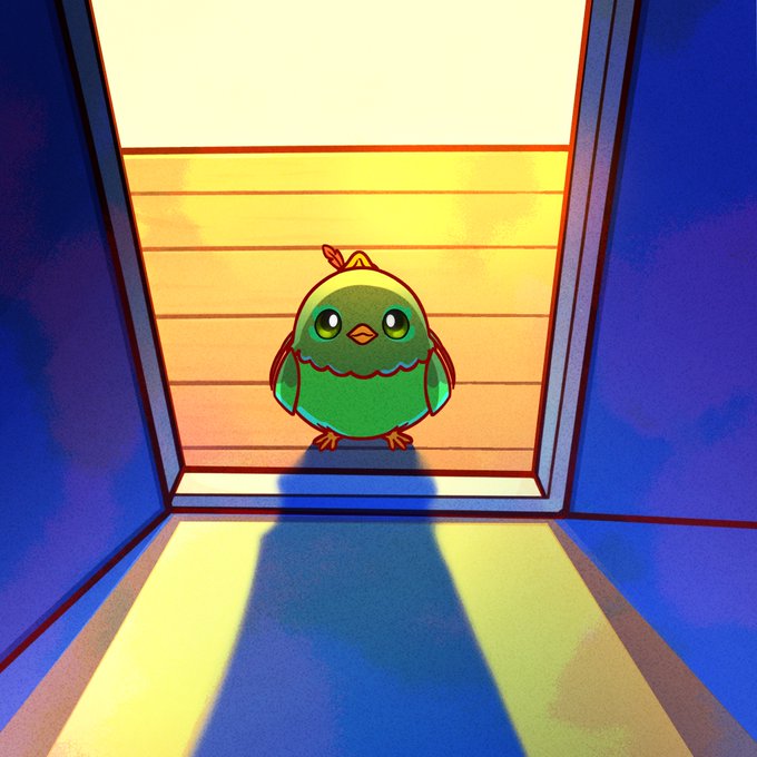 A digital illustration of a small green cartoon bird with large eyes standing in a doorway, with sunlight streaming in to cast a long blue shadow across the floor.