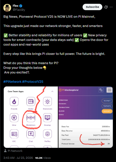 A tweet from the Pi Network (@FlexJoy) announcing Protocol V25 going live on Pi Mainnet, highlighting better stability, privacy, and new privacy tools, with screenshots of the Pi Blockchain Explorer showing Protocol Version 25.