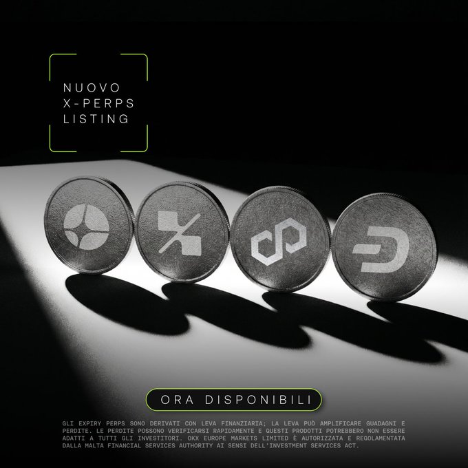 A promotional graphic in Italian announcing 'NUOVO X-PERPS LISTING' (New X-Perps Listing), showing four cryptocurrency coins (Avalanche, X, Polygon, and Dash) with the button 'ORA DISPONIBILI' (Now Available).