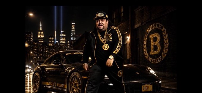 A man in a black and gold Bugle tracksuit and cap stands confidently in front of a black Porsche with 'Bugle Weekly' branding, set against a nighttime New York City skyline.