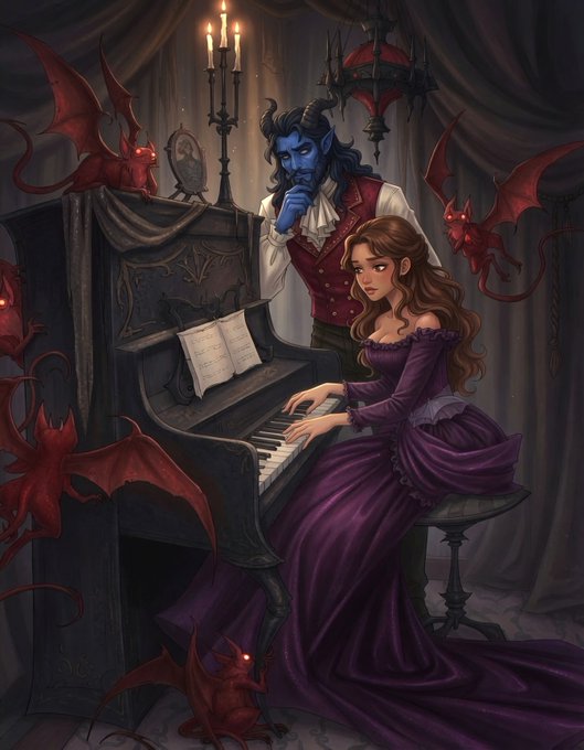 A fantasy illustration showing a blue-skinned horned demon whispering to a woman in a purple Victorian dress as she plays a gothic piano, surrounded by small red demonic creatures.