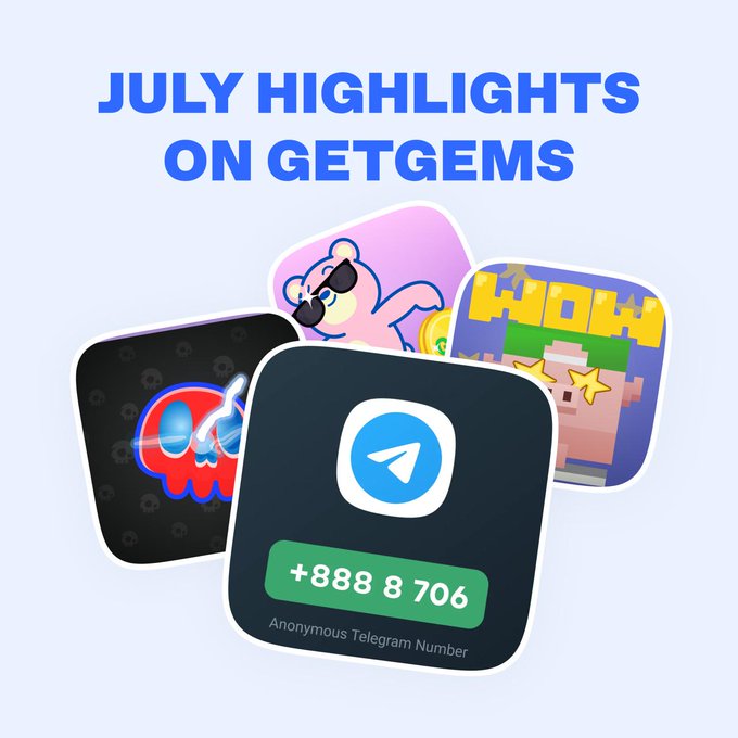 Promotional graphic titled "JULY HIGHLIGHTS ON GETGEMS" showcasing a Telegram app icon with the number "+888 8 706" labeled "Anonymous Telegram Number," surrounded by colorful sticker previews including a bear with sunglasses, a pixelated "WOW" character, and a dark-themed sticker, representing the platform's standout gifts, rare numbers, and stickers from July.
