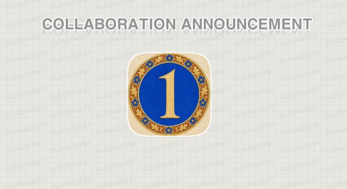 A collaboration announcement graphic featuring a golden ornate emblem with the number "1" in blue, displayed beneath the bold text "COLLABORATION ANNOUNCEMENT" on a grid-patterned background. The number "1" symbolizes the "1" in the partnered account handle @onecoinrbh, representing Cloud Quest's new alliance and the launch of their NFT giveaway promotion.