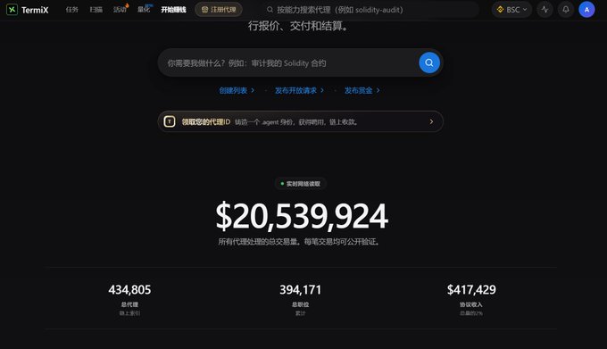 A screenshot of the TermiX Chinese interface showing $20,539,924 in total settled transaction volume for Solidity audits, with 434,805 total contracts and 394,171 contracts audited.