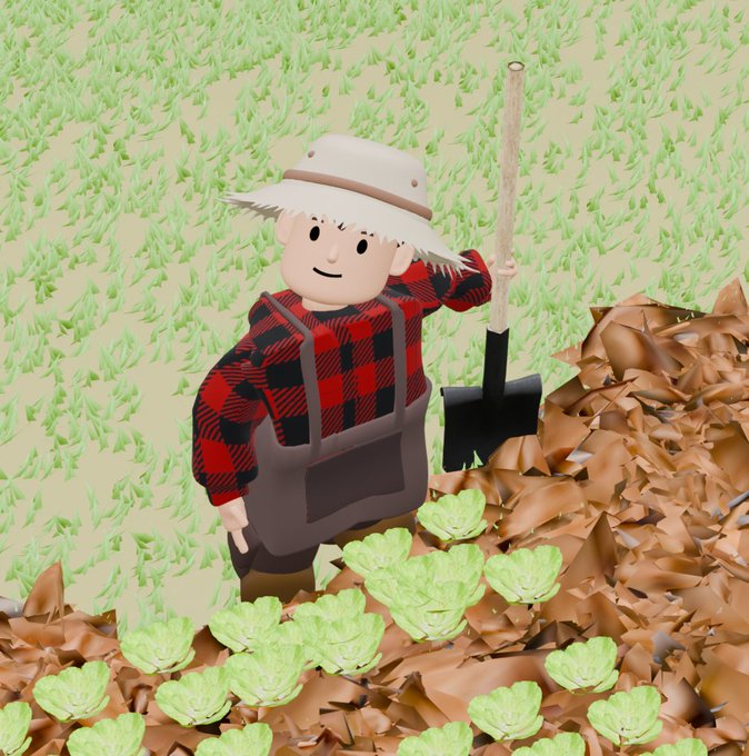 A 3D-rendered cartoon scene of a smiling farmer in a red plaid shirt, brown overalls, and a straw hat holding a shovel, standing in a field of crops next to a pile of brown leaves.